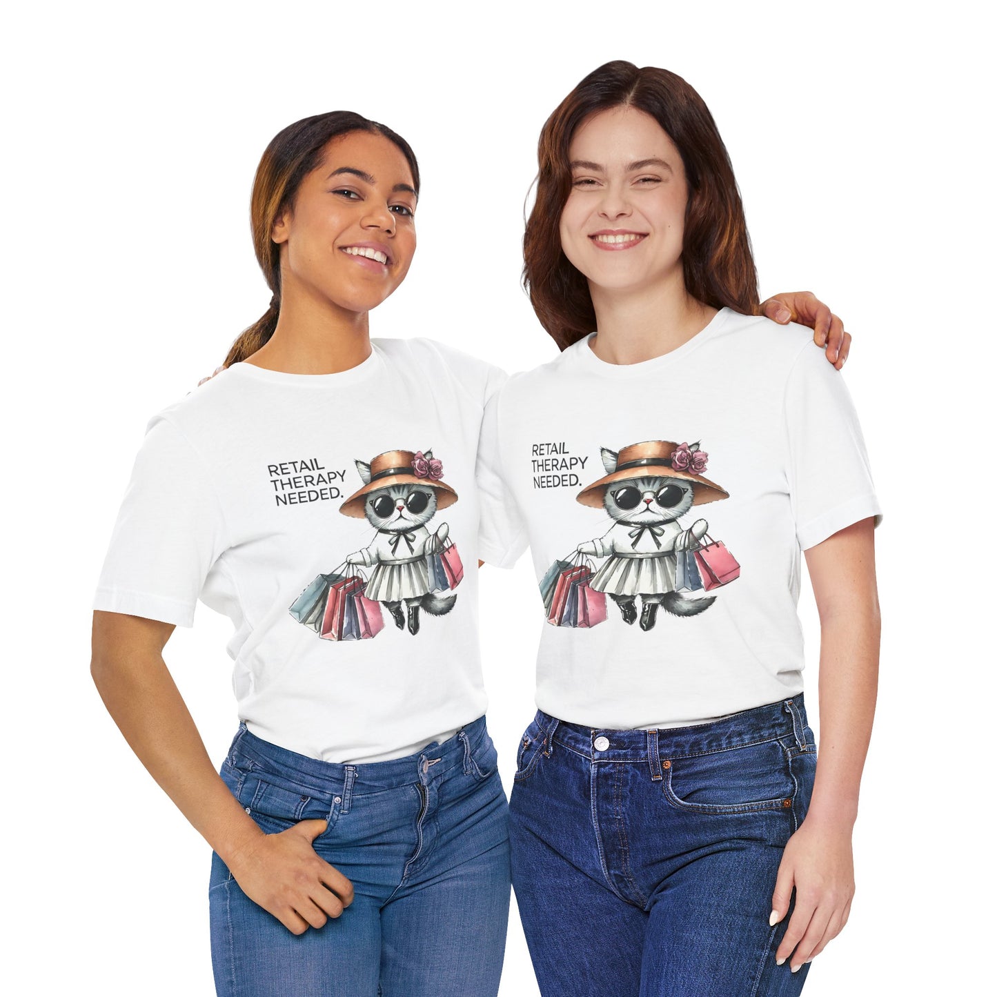 Retail Therapy Cat T-Shirt | Cute Unisex Jersey Tee for Shopping Lovers